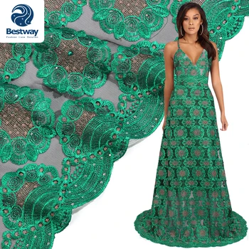 

Bestway Embroidery French Mesh Lace Fabric Tulle Lace Rhinestones&Beads Lace African Fabric For Wedding Party Teal Lace Fabric