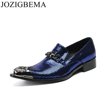 

JOZIGBEMA Designer Genuine Leather Men Dress Shoes Metal Pointed Toe Business Oxfords Shoes Blue Wedding Shoes Plus Size