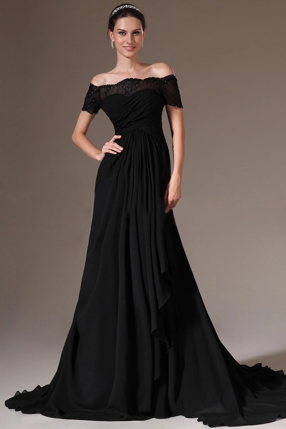 Black Evening Dress 2017 Boat Neck Short Sleeves Lace Long Elegant