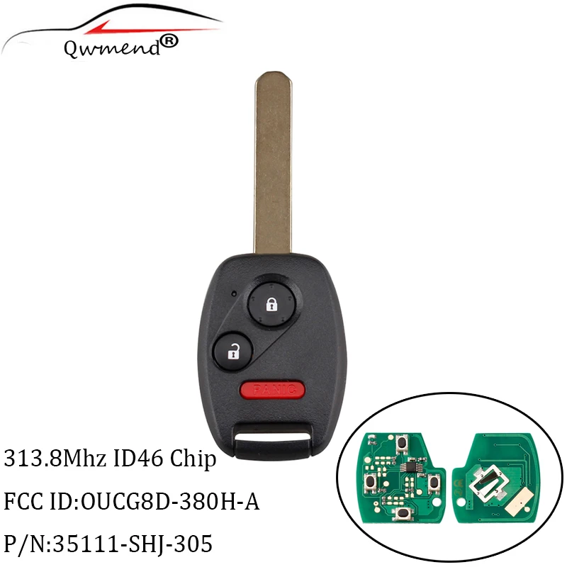 

QWMEND Car Entry Remote Key 2+1Buttons 313.8Mhz With ID46 Chip OUCG8D-380H-A Fob For Honda Accord Fit Civic Odyssey 2003-2007