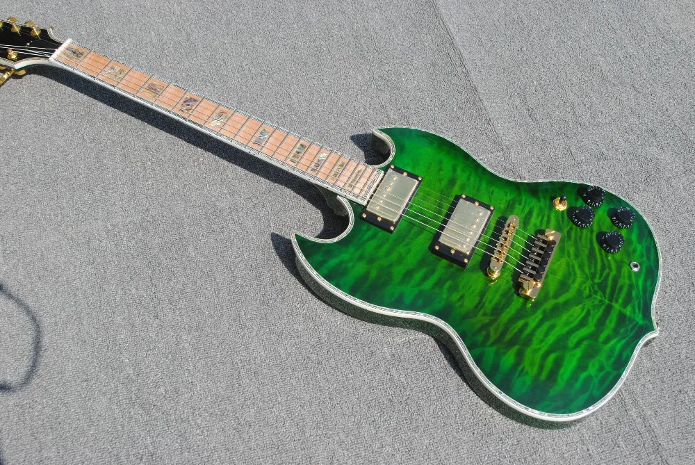 

High quality custom 6 string electric guitar, water ripple maple veneer, transparent green gradient, body inlaid colorful shell,