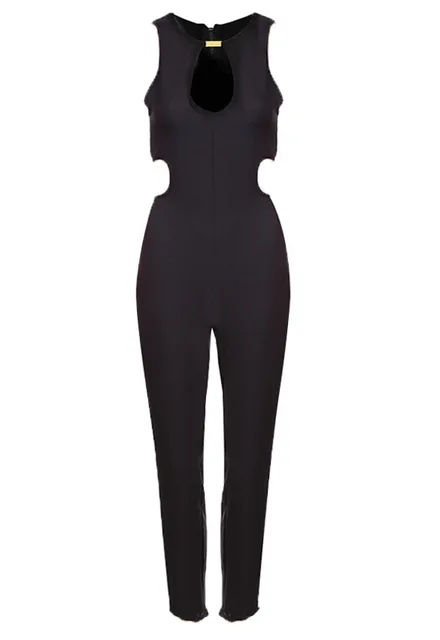 Alishebuy Rompers Womens Jumpsuit 2018 Hollow Out High Waist Cut Out Pockets Back Zipper Sleeveless O Neck Solid Slim Jumpsuits