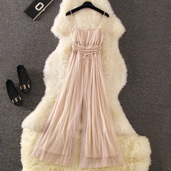 

2019 Spring Summer New Arrival Women's Jumpsuits Sexy Gauze Sling Jumpsuits Girls High Waist Mesh Wide-legged Pants