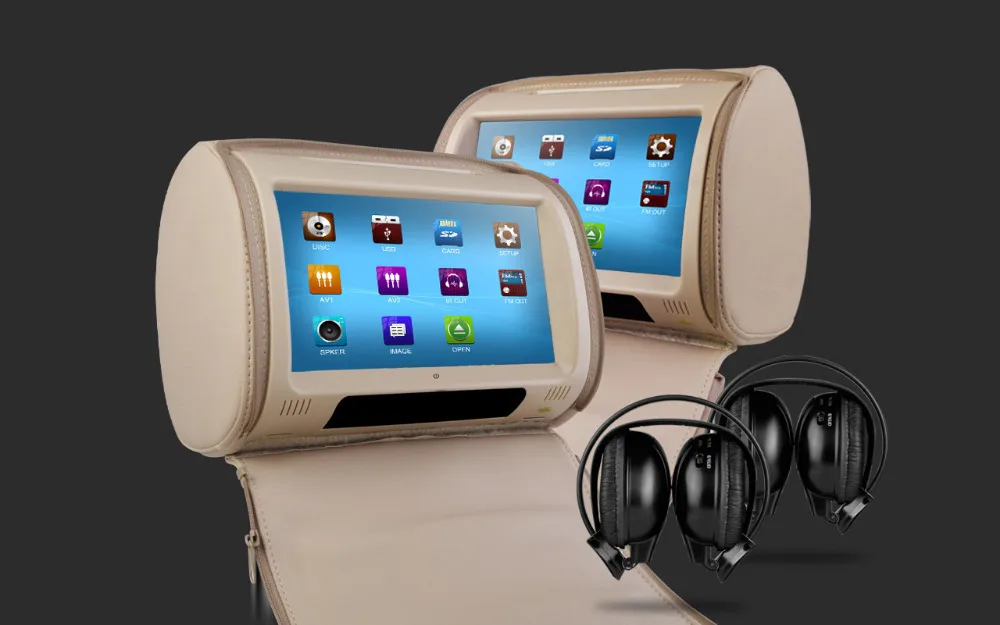 Sale 2x9" Beige Color Touch Screen Headrest Car DVD Headrest Car Monitor with DVD 2 IR Headphones Built-in Speakers 1