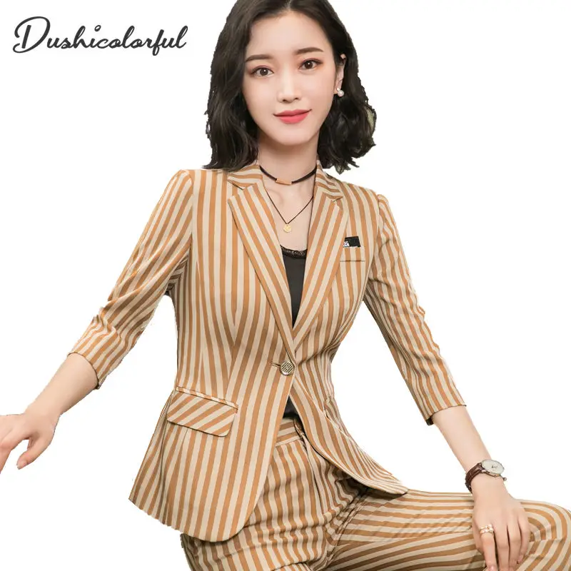 

Dushicolorful Women Striped blazer 2019 Spring summer Elegant Office Lady Jacket Work Casual Slim Single buckle suit plus size