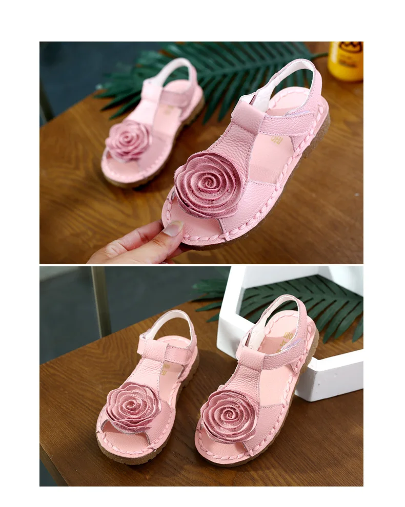 Обувь из натуральной кожи сандалии для девочек мягкая подошва большой обувь принцессы с цветком, с открытым носком, Для детей, на лето ботинки, крючок, петля пляжная обувь, сандалии