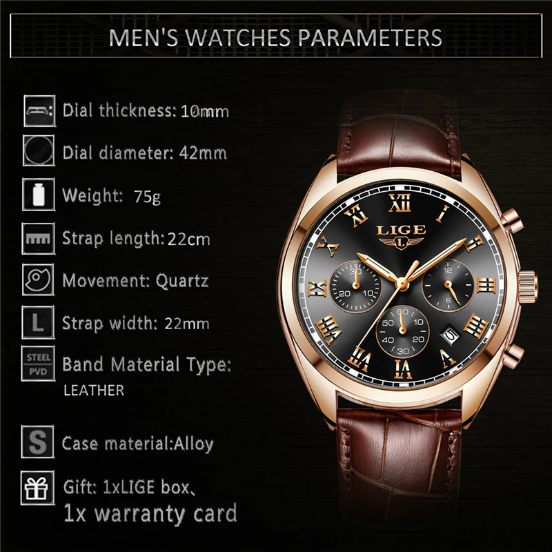 

LIGE Mens Watches 2019 Top Brand Luxury Waterproof Date Quartz Watch For Male Casual Leather Sport Chronograph Relogio Masculino