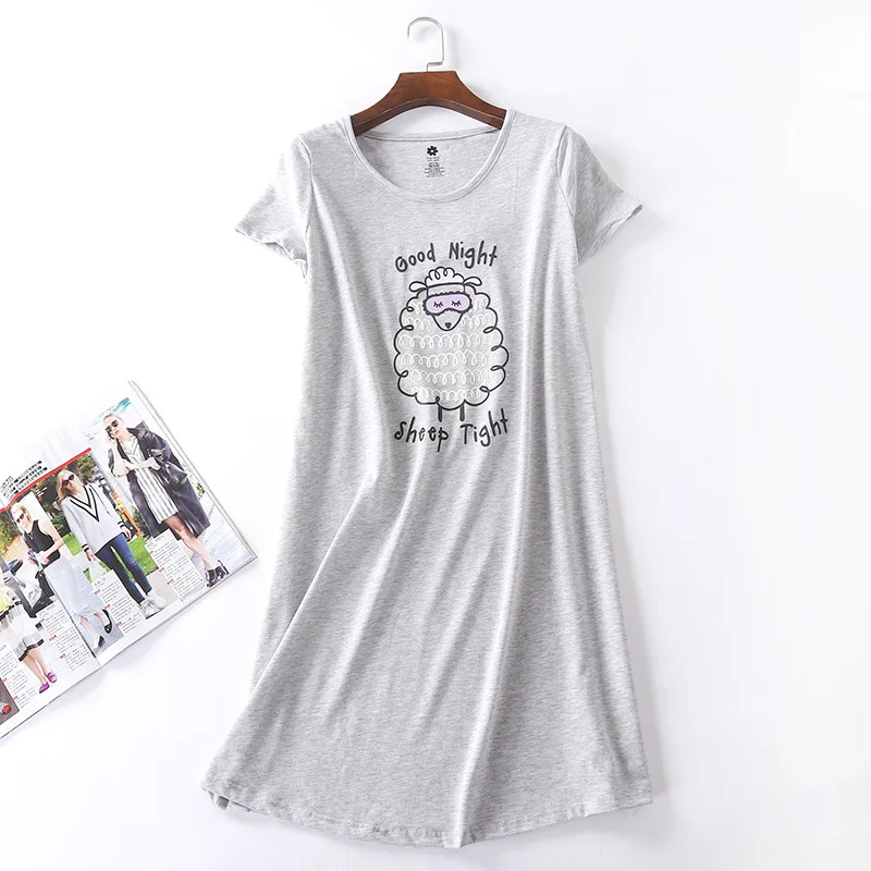 Летняя женская Повседневная Ночная рубашка с рисунком из мультфильма, большие размеры, женская ночная рубашка из хлопка, женская ночная рубашка с коротким рукавом и круглым воротником