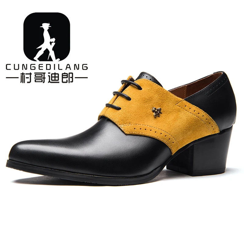 

Genuine leather men shoes high heels pointed toe slip on height increase men's dress shoes wedding shoes men dance party shoes