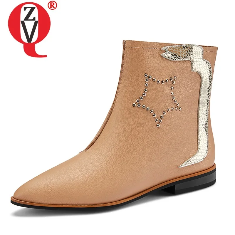 

ZVQ woman shoes spring autumn new casual crystal handmade genuine leather ankle boots outside low heels zip pointed toe shoes