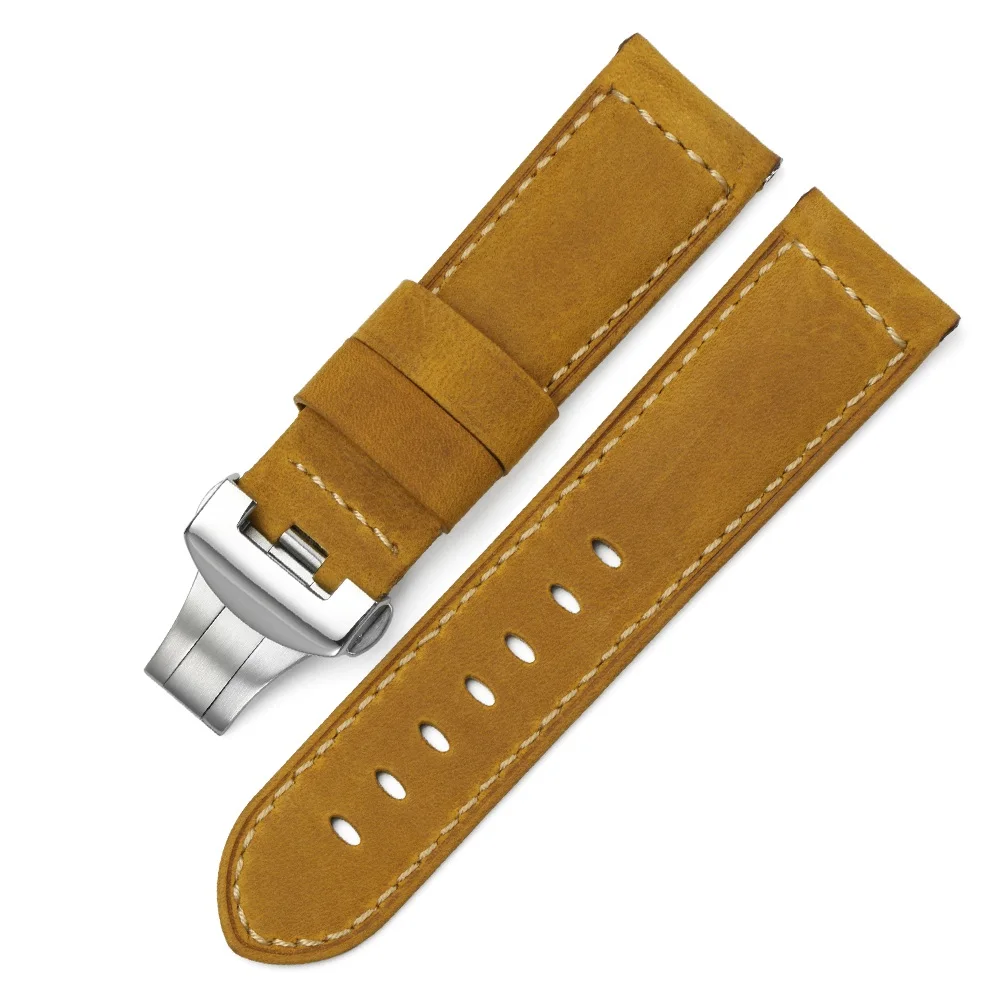 24 мм итальянский ремешок для часов из натуральной кожи желтый мягкий ремешок для часов ремешок с пряжкой для 24 мм браслет для часов PANERAI - Цвет ремешка: With polished buckle