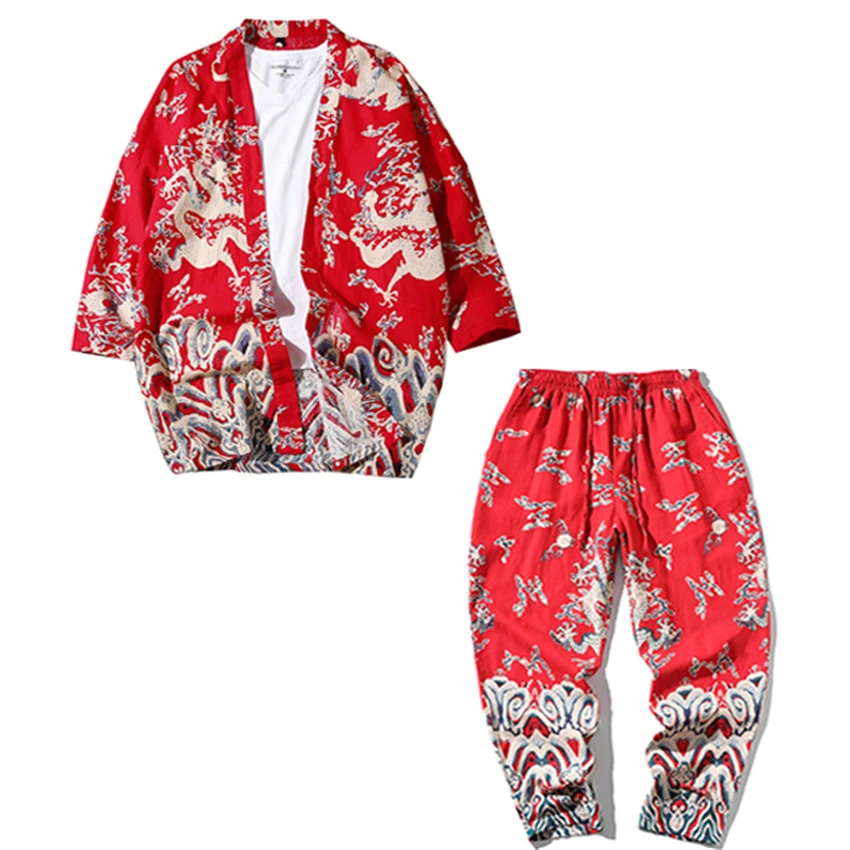 Дракон Haori японский стиль Мужские кимоно традиционная одежда кардиган брюки костюм юката Япония хип хоп Уличная азиатская одежда