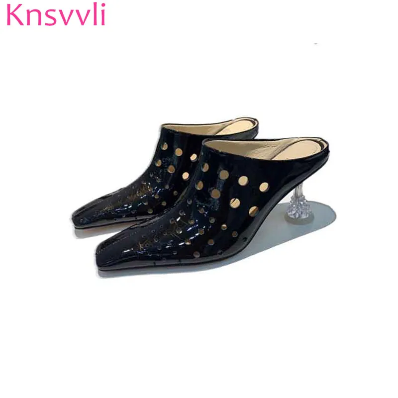 

Knsvvli Black Patent leather Cut Outs Slippers Women Square Toe Crystal Strange Style Heels Ladies Shoes Sexy Mules High Heels