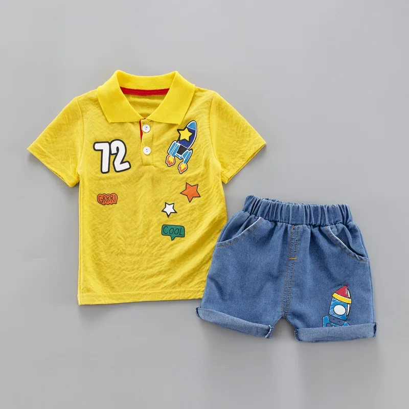 Yellow no shoes Летняя футболка с отложным воротником для маленьких мальчиков, комплект одежды года, костюм с футболкой с короткими рукавами Детская одежда Одежда для мальчиков - Цвет: Yellow no shoes