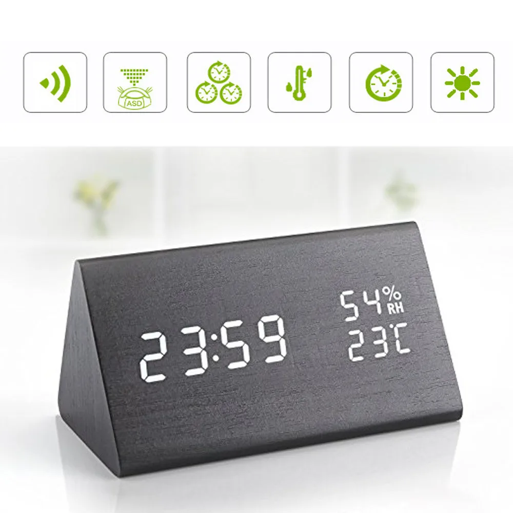 

Wood Wooden Digital LED Alarm Clock, Sound Control Desktop Clocks with Temperature,Electronic Display table clock Home Decor