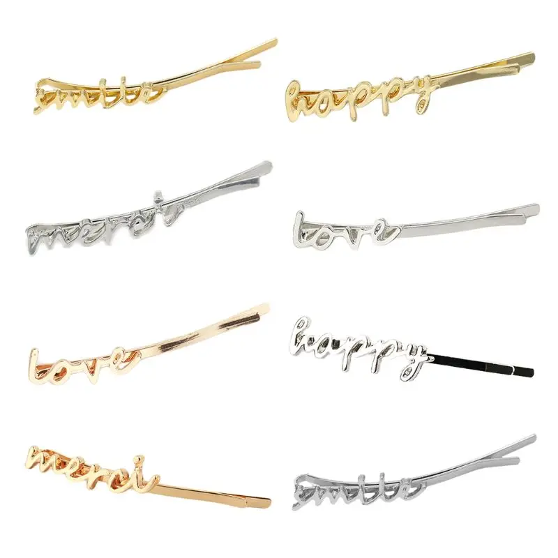 

Women Girls Metallic Polished Glitter Curved Bobby Pins Hair Clips Minimalist Handwriting Love Alphabet Letters Hairgrips