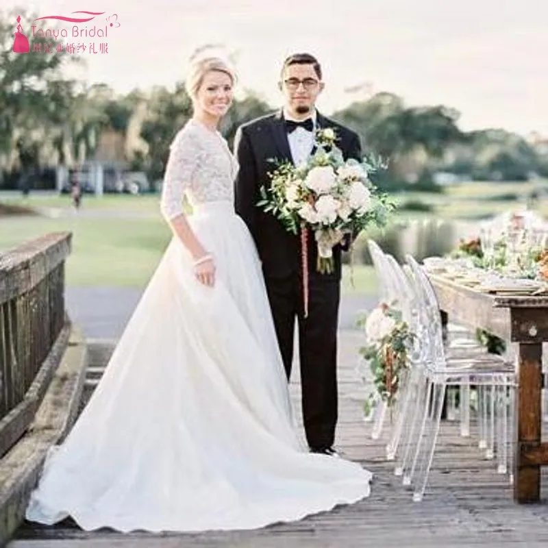 

2019 New 3/4 Sleeve Vintage Lace Tulle beach Wedding Dresses sweep Train V-Neck Country Garden Boho Bridal Wedding Gowns JQ583