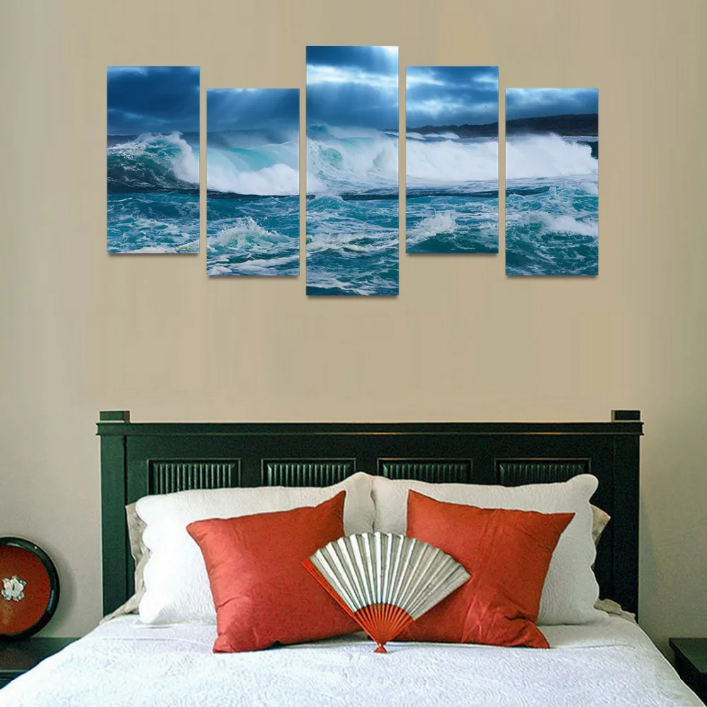 5 Panels Canvas Print Great Blue Ocean Waves Painting Wall Art Picture For Home Decoration
