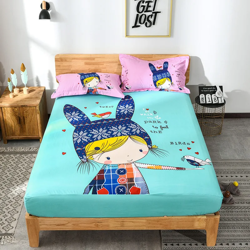 

Kawaii Cartoon Girl Bed Sheet 1 Piece 100% Polyester Fitted Sheet For Single Double Bed Kids Adults XF655-1