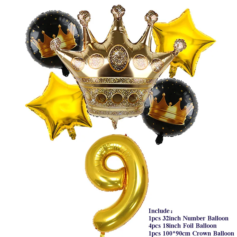 6pcs 32inch Number Foil Balloons 1 2 3 4 5 Years Old Kid Boys Girls Gold Crown Happy Birthday Balloon Baby Shower Decor Supplies