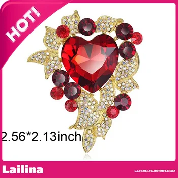 

Fashion Glass Heart Brooch Pin with Crystal Rhinestone, red flower brooch
