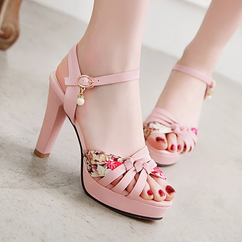

Women Sandals Woman Summer Shoes Supper High Square Heel Size 34-43 Flower Print PU Leisure Platform 2019 New Buckle SS093