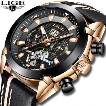 

New Sport Mechanical Watches LIGE Mens Business Leather Automatic Mechanical Watch Men Military Waterproof Clock Montre Homme