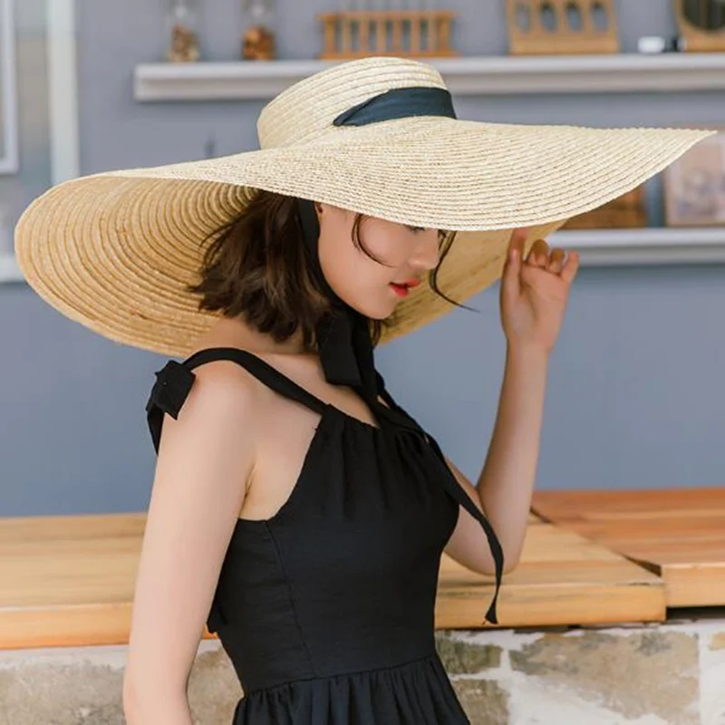 Женская натуральная солома-рафия шляпа с ленточным галстуком 15 см шляпа с полями Дерби пляжная шляпа от солнца летняя кепка с широкими полями с защитой от ультрафиолета женские шляпы R6