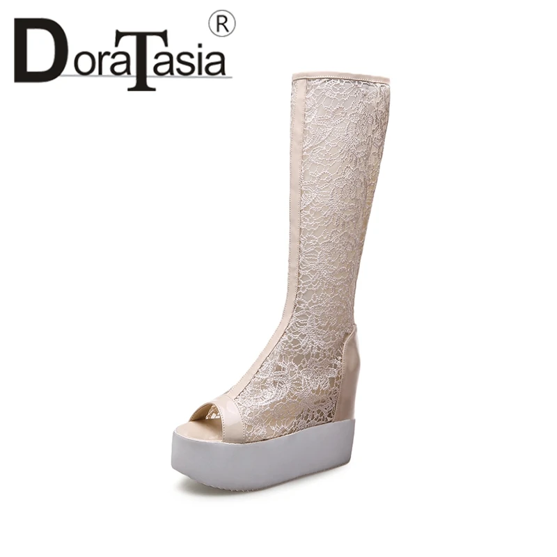 

DoraTasia 2019 Large Size 34-43 Brand Shoes Woman Fashion Peep Toe Lace Upper Platform Wedge High Heels Summer Boots Woman Shoes