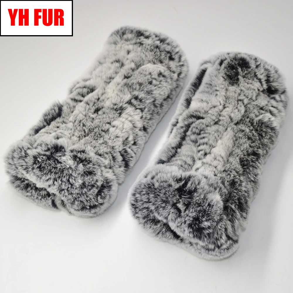 

New Good Elastic Women Real Natural Knitted Rex Rabbit Fur Fingerless Gloves Mittens Winter Fashion Warm Rex Rabbit Fur Mittens