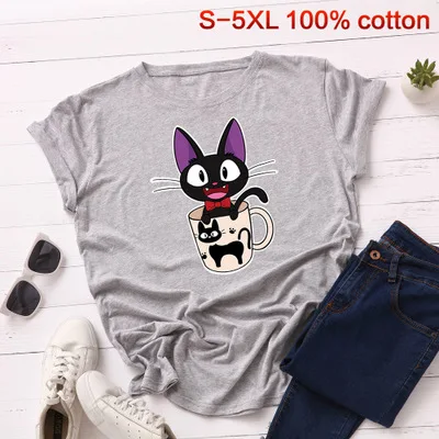 light gray SINGRAIN женская летняя футболка из хлопка с рисунком черного милого кота, S-5XL размера плюс, модные топы с изображением котенка, женская футболка - Цвет: light gray