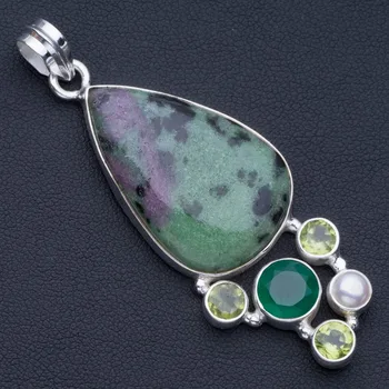 

Natural Ruby Zoisite,Chrysoprase,Peridot and River Pearl 925 Sterling Silver Pendant 2 1/2" P0764