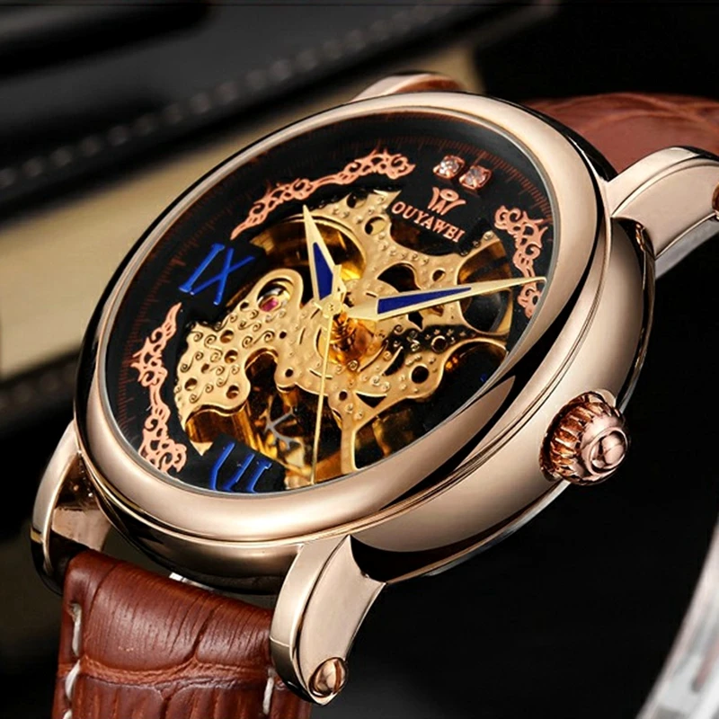 

2016 OUYAWEI Brand Man Mechanical Automatic Wristwatches Leather Strap 30M Dive Luxury Male Gold black Watches relogio masculino