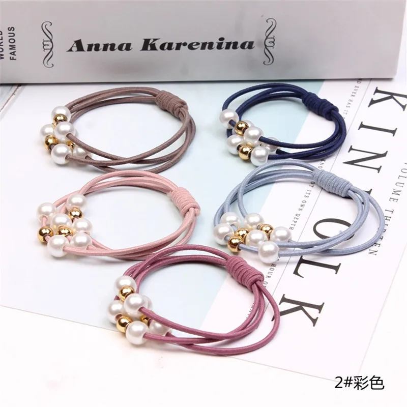 New hot Korean version of spring hair accessories fashion bee pearl hair rope Korean color three ring head rope