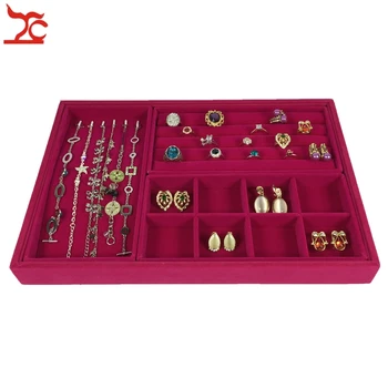 

New 4Pcs Rose Red Velvet Jewelry Display Tray Ring Earring Holder Organizer Beads Collection Necklace Storage Tray 35*24*3cm