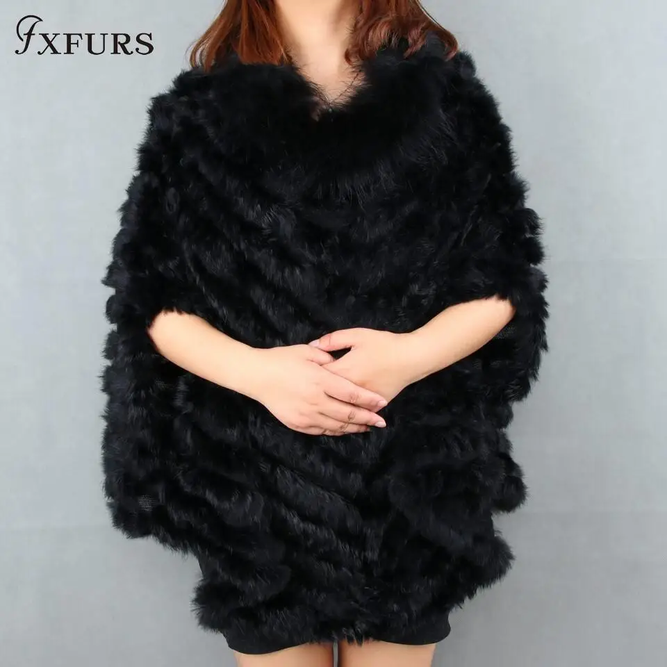 FXFURS женский модный пуловер вязаный из натурального кроличьего меха енотовый мех пончо накидка из натурального меха вязаный свитер с рукавами летучая мышь - Цвет: black