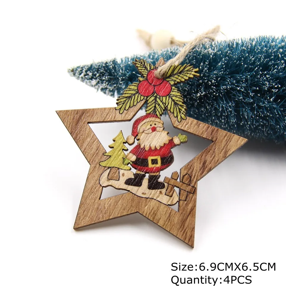 4PCS Star Santa 4 шт рождественские деревянные подвески-украшения в виде звезд орнамент с рождественской елкой DIY деревянные поделки детский подарок для дома украшения для рождественской вечеринки - Цвет: 4PCS Star Santa