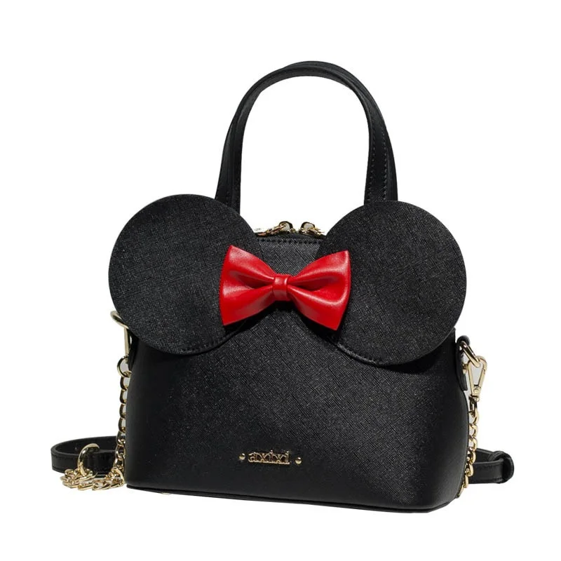 

Brand Design Mouse Shape Handbag Black Match Red Bow Shell Bag for Women Lady Top-handle Handbag Girl Leather Messenger Tote Bag