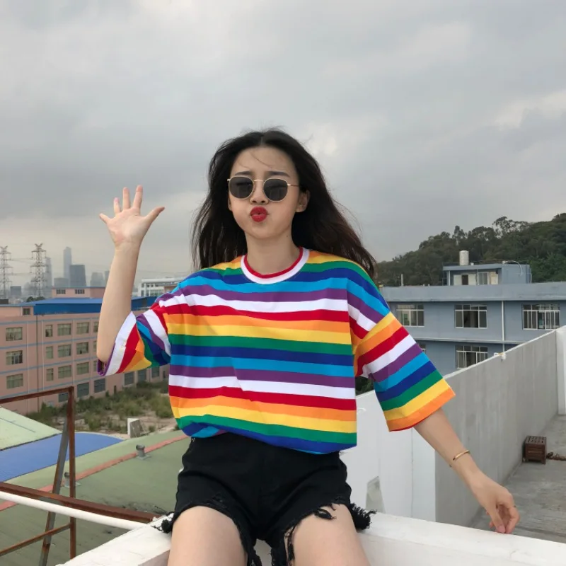 

Women's O-Neck t shirt Women Tees Sweet Rainbow Striped Print T Shirts Fashion Short Sleeves T-shirts