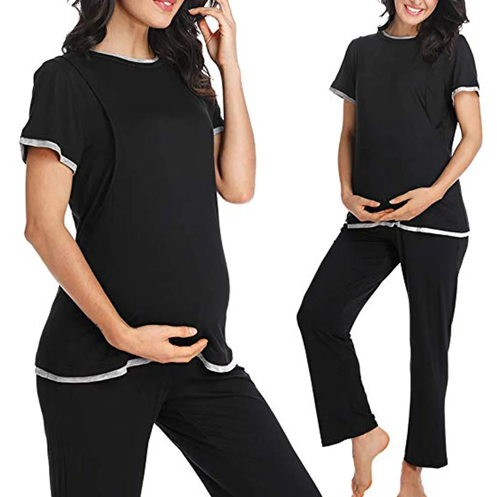 Женский пижамный комплект для беременных, короткий рукав, однотонный комплект, костюм для беременных, топы, штаны, хлопок, для сна, для кормящих, пижама