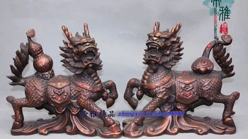 

Chinese Fengshui Red Bronze Copper Ruyi Gourd Foo Dog Lion Kirin kylin Pair