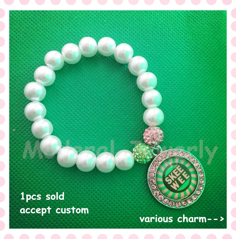 

New High AKA pearl beads bracelet with rhinestone glass charm alpha elastic lady jewelry sorority OGL125 accept custom,1pcs