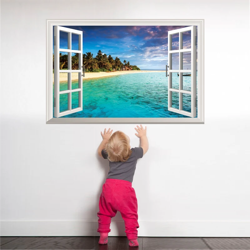 

[SHIJUEHEZI] Beach Island Window Scenery 3D Wall Sticker PVC Material Wall Posters for Living Room Bedroom House Decoration