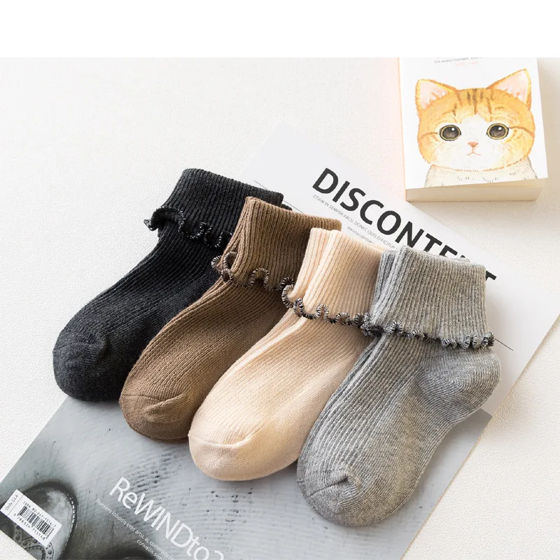 

Girls Spring Combed Cotton Cuffed Socks Children's Ribbed Stripped Short Socks Korean Style Cute Sweet Silver Curved Cuff Socks