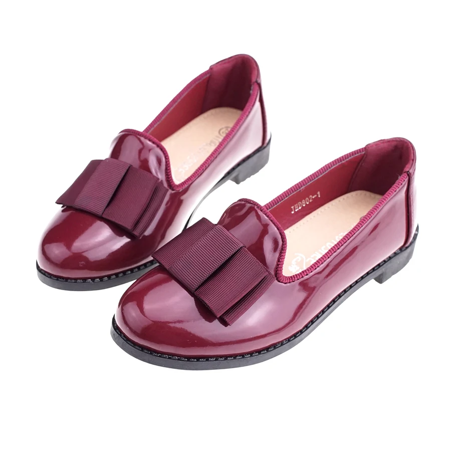 Лоферы с закрытым носком для девочек; слипоны из искусственной кожи на плоской подошве; обувь с цветочным узором для девочек; школьная обувь с бантом; 802-1 - Цвет: Wine Red