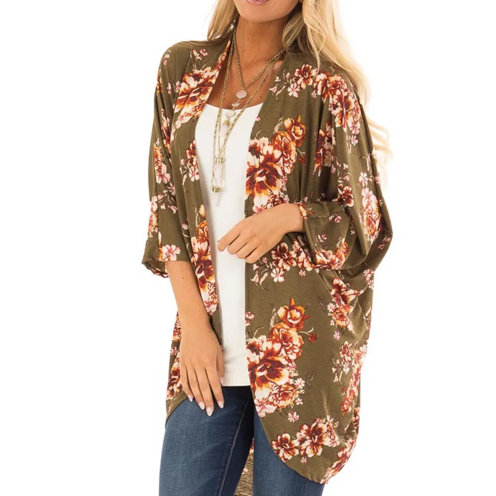 

Summer Beach Wear Blouse Fashion Women Olive Green Printing Cover Up Ladies Loose Easy 3/4 Sleeve Smock Blouse Tops /PT