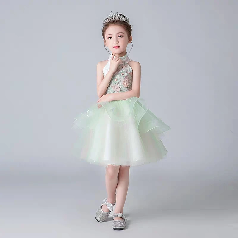 Infant Toddler Elegant New High-Grade Birthday Evening Party Prom Dress Little Kids Baby Host Costumes O-neck Fluffy Short Dress - Цвет: green short dress