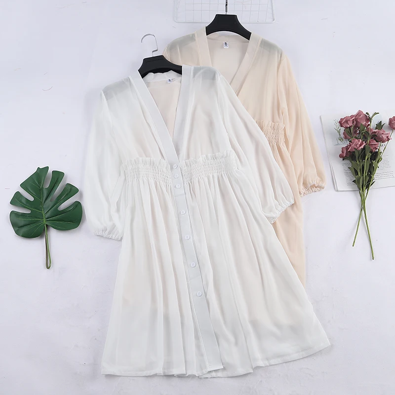 

Women Summer V-Neck Lantern Sleeve Pleated Chiffon Dress Vintage Elastic High Waist Loose Size Cardigan Button Ruffle Midi Dress