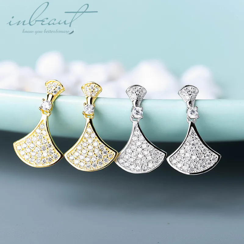 

inbeaut 925 Silver Shiny Zircon Fan Dangle Earrings Female 14K Gold Princess Sector Drop Earrings for Women Party Jewelry