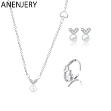 ANENJERY 925 пробы Серебряные Ювелирные наборы циркон сердце любовь имитация жемчуга ожерелье+ серьги+ кольцо для женщин